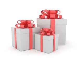 three gift boxes with bows isolated on white. 3d rendering.
