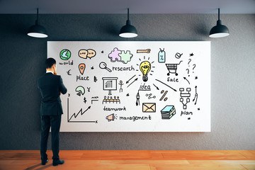 Thoughtful man looking at business sketch