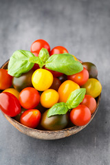 Tomatoes on the gray background. Colorful tomatoes, red tomatoes