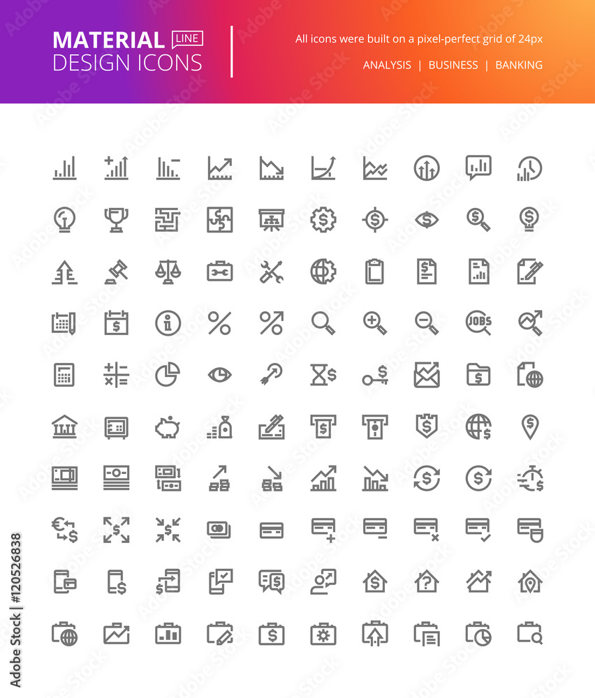 Poster material design icons set. thin line pixel perfect icons for business analysis, finance and banking.