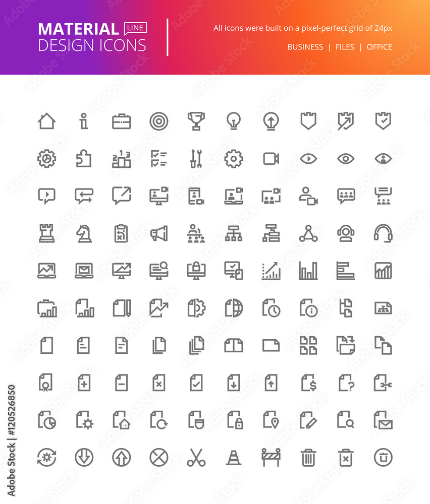 Poster material design icons set. thin line pixel perfect icons of basic business essential tools, file man