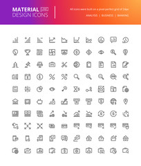 Material design icons set. Thin line pixel perfect icons for business analysis, finance and banking. Premium quality icons for website and app design.