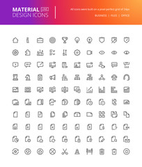 Material design icons set. Thin line pixel perfect icons of basic business essential tools, file management. Premium quality icons for website and app design.