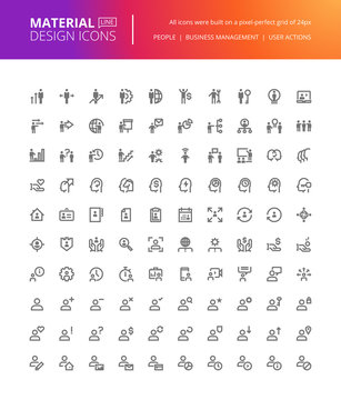 Material design people icons set. Thin line pixel perfect icons of business management, user action, social media. Premium quality icons for website and app design.