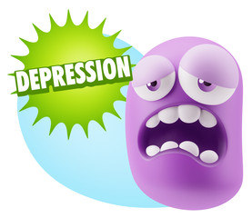 3d Rendering Sad Character Emoticon Expression saying Depression