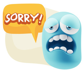 3d Rendering Sad Character Emoticon Expression saying Sorry with