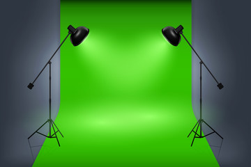 Vector green screen studio interior with spotlights