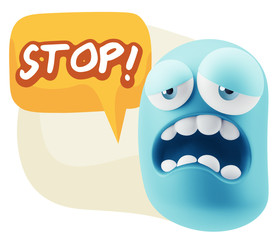 3d Rendering Sad Character Emoticon Expression saying Stop! with