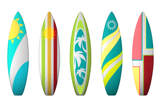 Surf boards designs. Vector surfboard coloring set