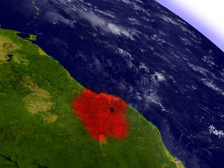 Suriname from space highlighted in red