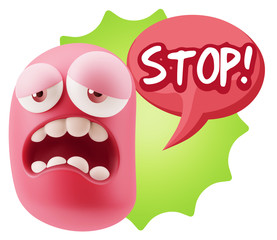 3d Rendering Sad Character Emoticon Expression saying Stop! with