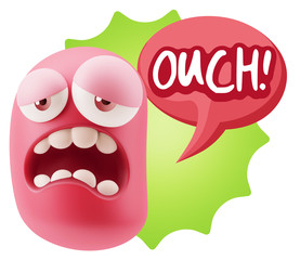 3d Rendering Sad Character Emoticon Expression saying Ouch! with