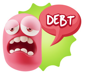 3d Rendering Sad Character Emoticon Expression saying Debt with