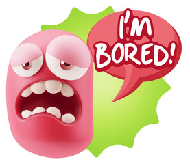 3d Rendering Sad Character Emoticon Expression saying I'm Bored
