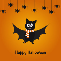 Happy  Halloween card with cute bat and spiders.