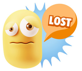 3d Rendering Sad Character Emoticon Expression saying Lost with