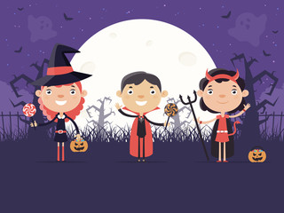 Halloween Background with Children in Halloween Costume. Flat Design Style.