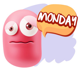 3d Rendering Sad Character Emoticon Expression saying Monday wit