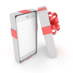 Smartphone in gift box. Isolated on white background. 3d rendering.