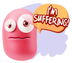 3d Rendering Sad Character Emoticon Expression saying I'm Suffer