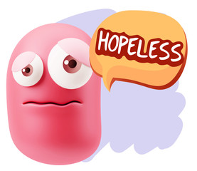 3d Rendering Sad Character Emoticon Expression saying Hopeless w