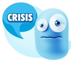 3d Rendering Sad Character Emoticon Expression saying Crisis wit