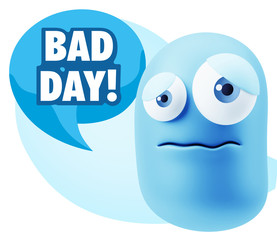 3d Rendering Sad Character Emoticon Expression saying Bad Day wi