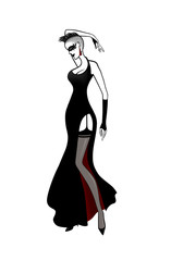 Isolated punk sexy woman in black elegant dress and stockings stylized illustration. 