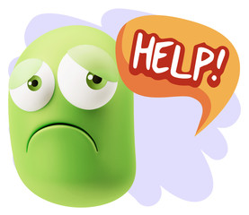 3d Rendering Sad Character Emoticon Expression saying Help! with