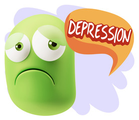 3d Rendering Sad Character Emoticon Expression saying Depression