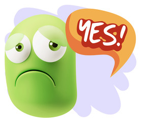 3d Rendering Sad Character Emoticon Expression saying Yes with C