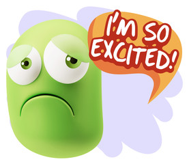 3d Rendering Sad Character Emoticon Expression saying I'm so Exc