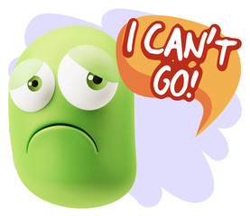 3d Rendering Sad Character Emoticon Expression saying I Can't Go