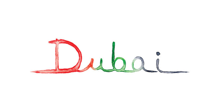 Dubai lettering painting with arab emirates flag colors