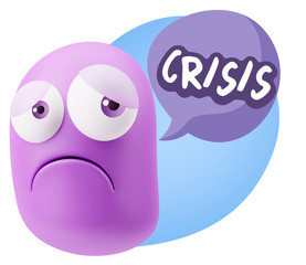 3d Rendering Sad Character Emoticon Expression saying Crisis wit