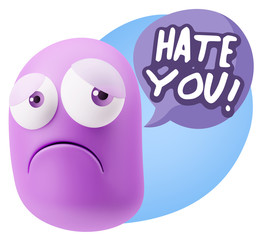 3d Rendering Sad Character Emoticon Expression saying Hate You w