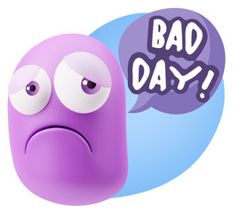 3d Rendering Sad Character Emoticon Expression saying Bad Day wi
