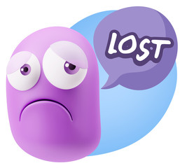 3d Rendering Sad Character Emoticon Expression saying Lost with