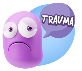 3d Rendering Sad Character Emoticon Expression saying Trauma wit
