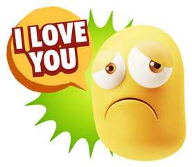 3d Rendering Sad Character Emoticon Expression saying I Love You