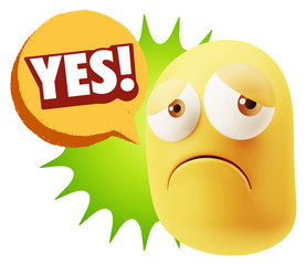 3d Rendering Sad Character Emoticon Expression saying Yes with C