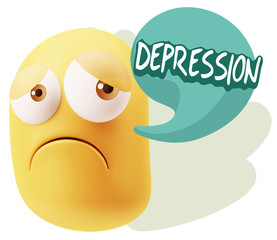 3d Rendering Sad Character Emoticon Expression saying Depression