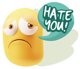 3d Rendering Sad Character Emoticon Expression saying Hate You w