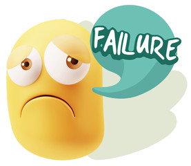 3d Rendering Sad Character Emoticon Expression saying Failure wi
