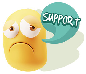 3d Rendering Sad Character Emoticon Expression saying Support wi