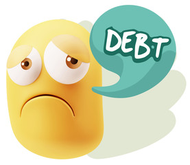 3d Rendering Sad Character Emoticon Expression saying Debt with