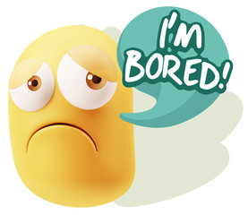 3d Rendering Sad Character Emoticon Expression saying I'm Bored