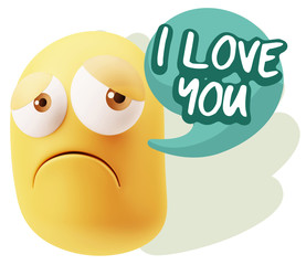 3d Rendering Sad Character Emoticon Expression saying I Love You