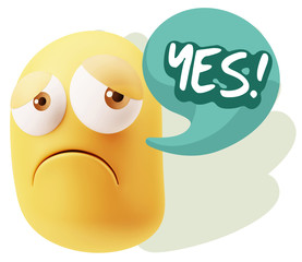 3d Rendering Sad Character Emoticon Expression saying Yes with C