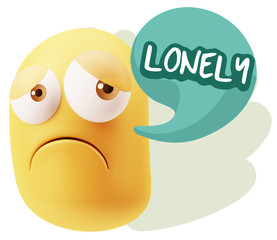 3d Rendering Sad Character Emoticon Expression saying Lonely wit